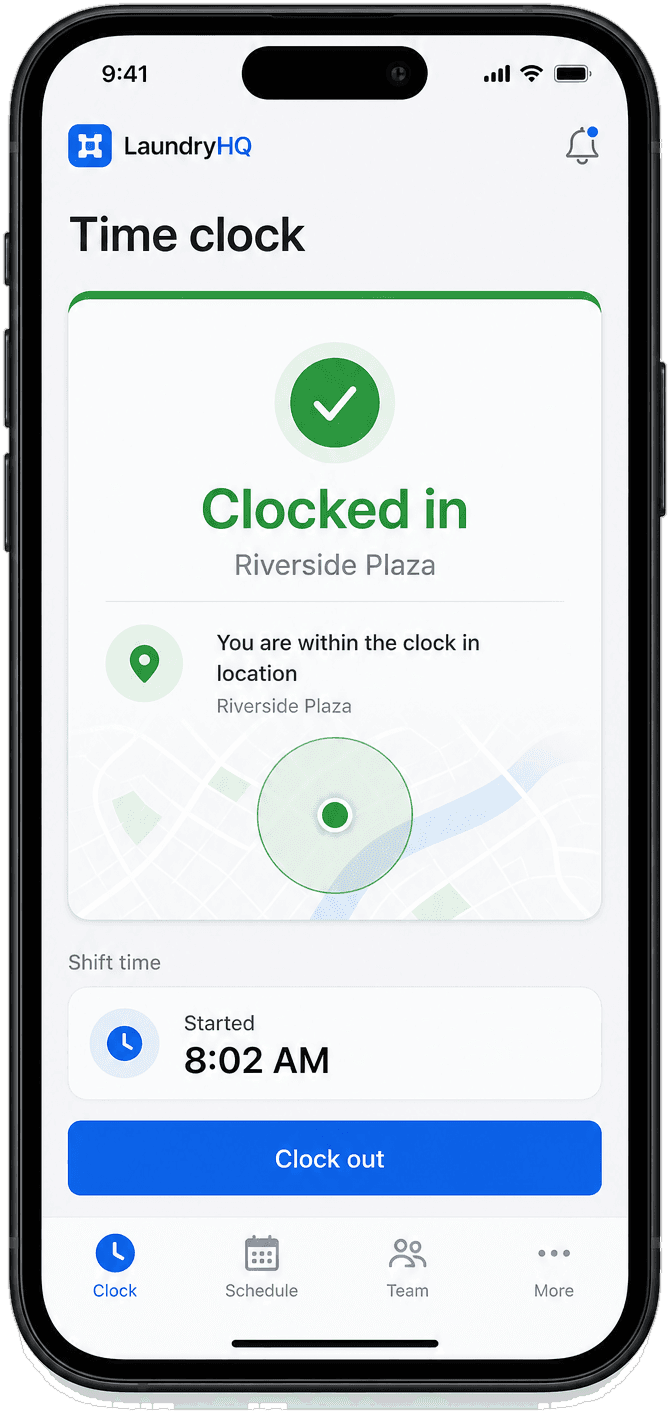 LaundryHQ Time Clock — geofenced clock in and out