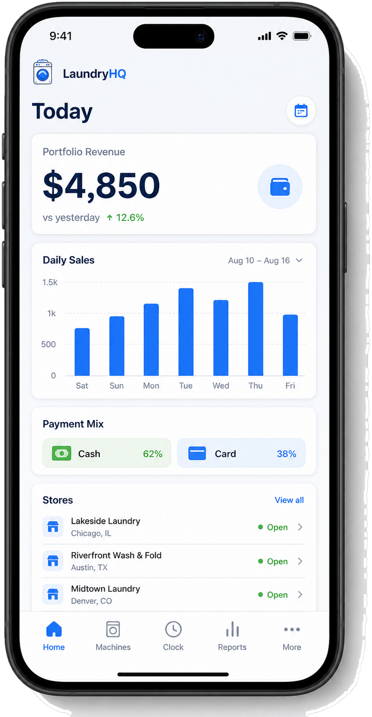 LaundryHQ Home — portfolio sales and store performance